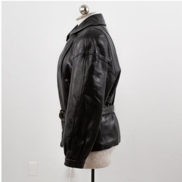 Vintage 80s Black Leather Jacket M Footballer Short Blazer Coat - Picture 7 of 14